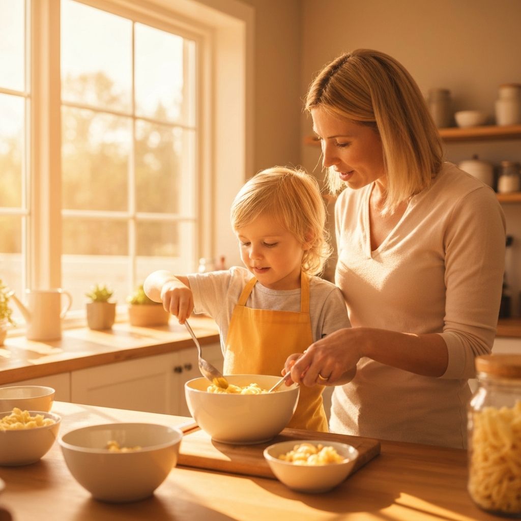 Lapsi ja vanhempi valmistavat ruokaa yhdessä keittiössä, jakaen oppimisen ja yhteyden hetken