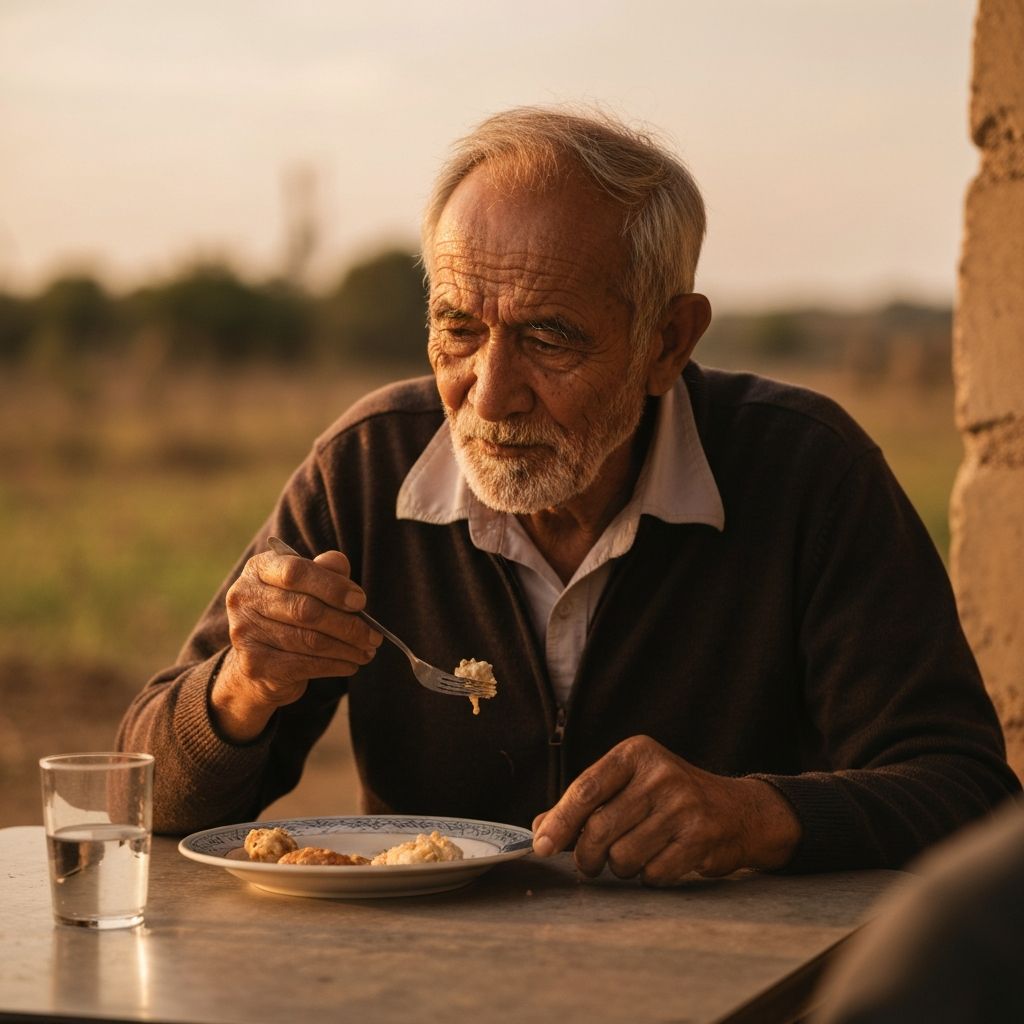 Henkilö nauttii yksityisesti omasta aterialasta, keskittyen ruokaan, hiljaisella ja rauhallisella ilmapiirillä